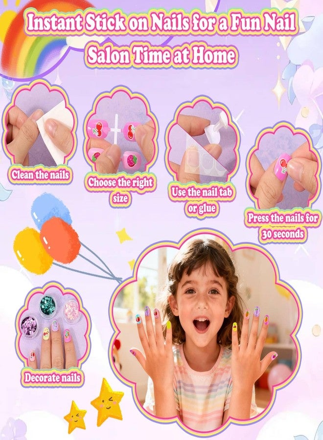 Audab 480 Pcs Kids Nails and Glue, Girls Press ons Nail Art Kit with Storage Case, Fake Nails Adhesive, Remover, Stickers, Glitter Cute Stuff Gift for Girls 8-12 - Image 4